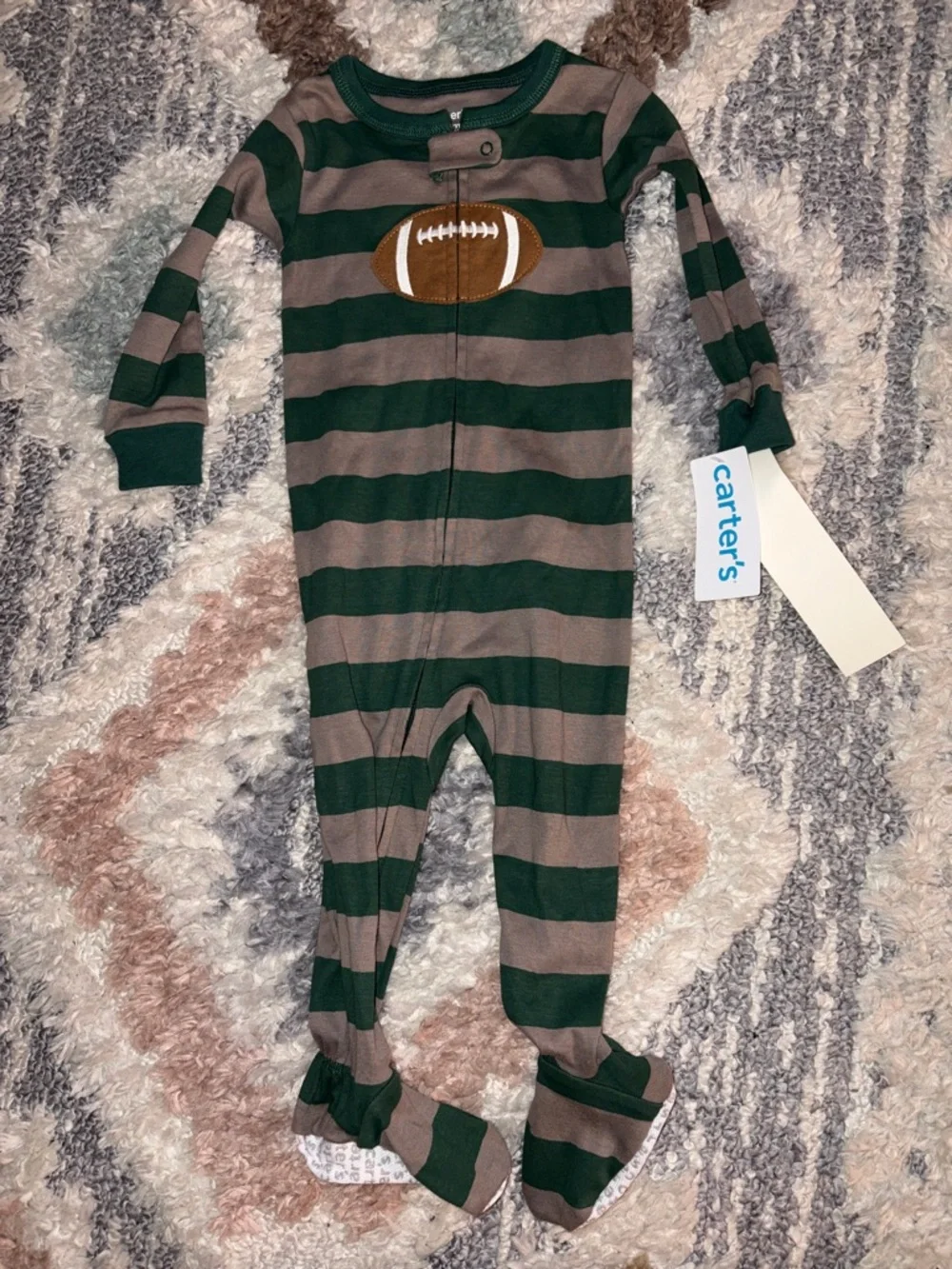 Carter's Green & Brown Striped Football One-Piece Footed Pajamas